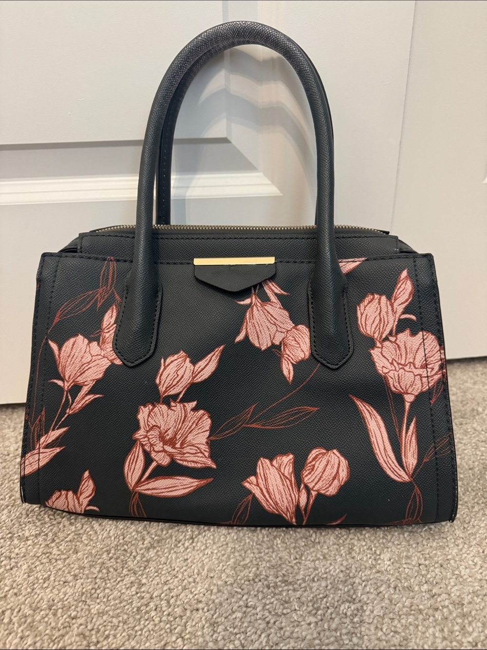 a new day Dark Green Satchel with Blush Pink Floral Print and Gold Accent